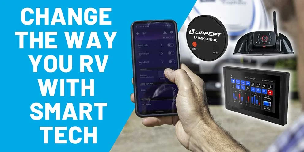RVer using a smartphone to control various RV smart technology products