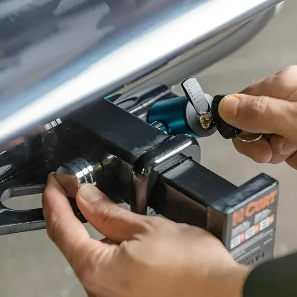 CURT Blue Anodized Aluminum Right-Angle Hitch Lock for Towing Security