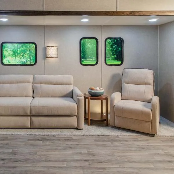RV swivel recliner next to an RV sofa