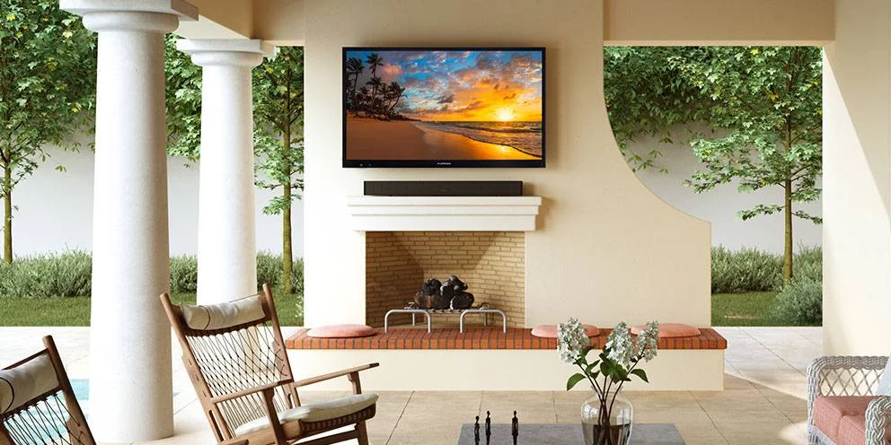 Outdoor TV on Patio Over Outdoor Fireplace