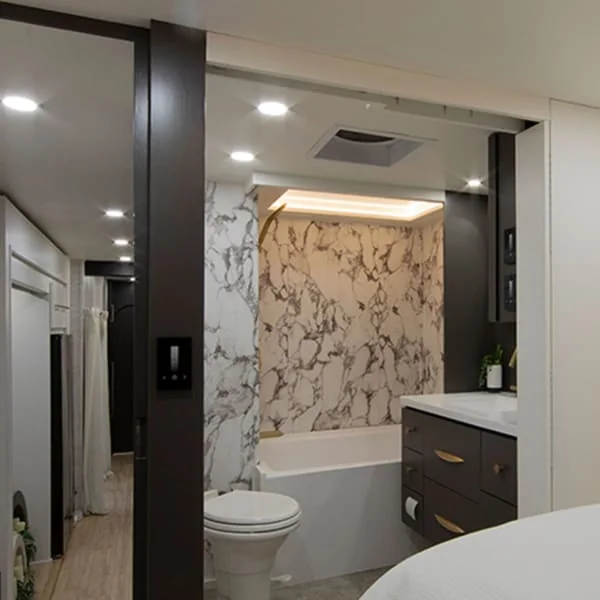 RV bathtub in a camper bathroom