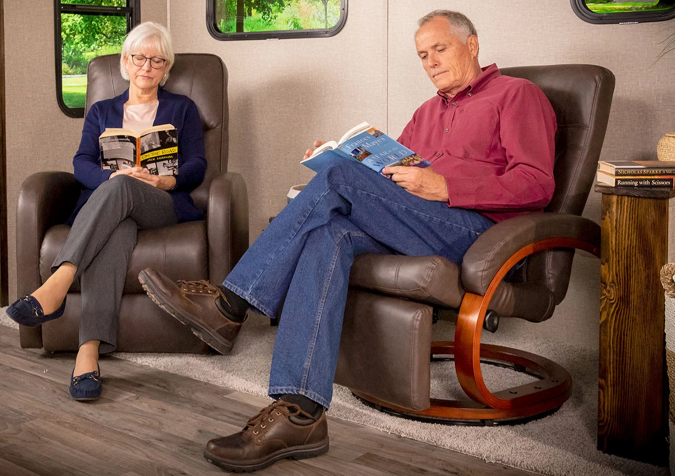 Couple relaxing in stylish RV Euro recliners