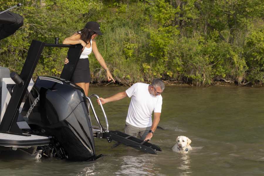 Man and woman helping a dog use a pontoon boat ladder