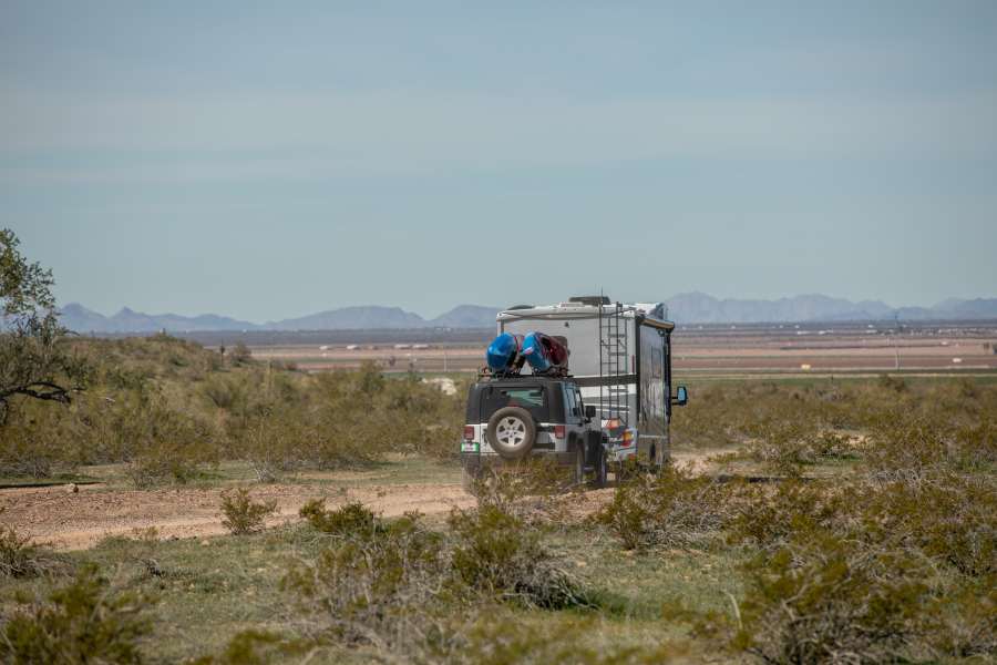 RV Flat Tow Jeep Through Desert