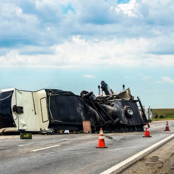 Wrecked RV in an accident on the highway 