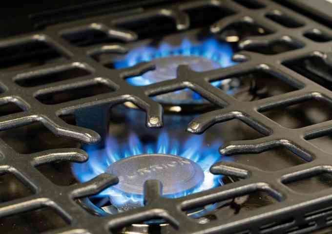 RV gas range with flames on