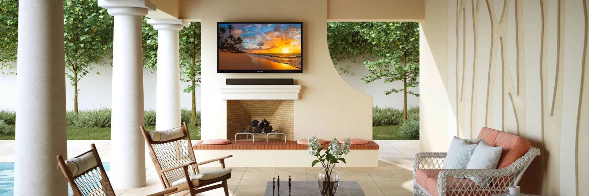 Outdoor TV on Patio Over Outdoor Fireplace